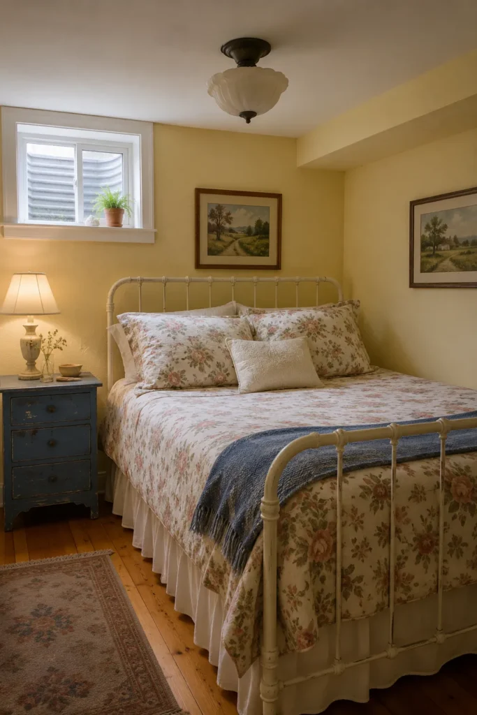 Cottage-Inspired Basement Bedroom With Floral Bedding