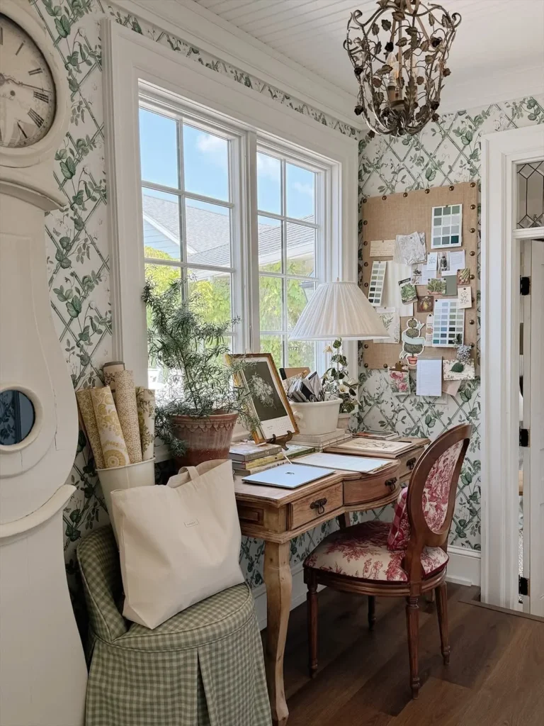 Cottage-Inspired Workspace With Botanical Prints