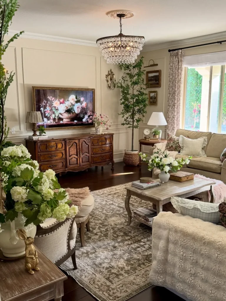 Cottage Living Room With Crystal Chandelier