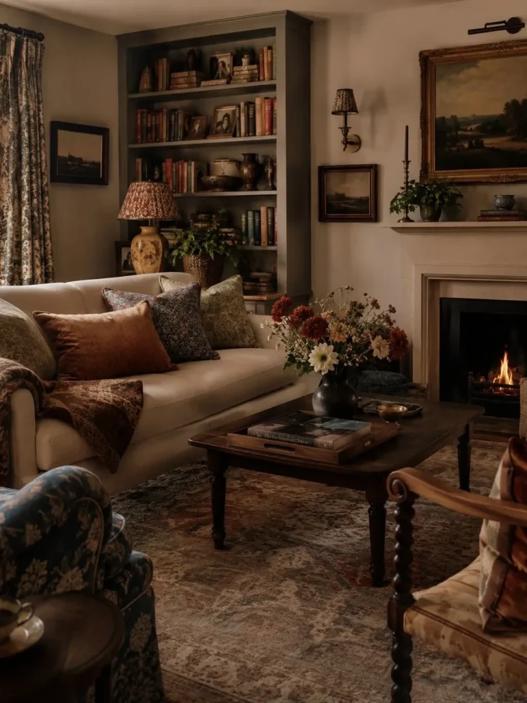 Cottage Living Room With Fireplace and Built-In Bookshelves