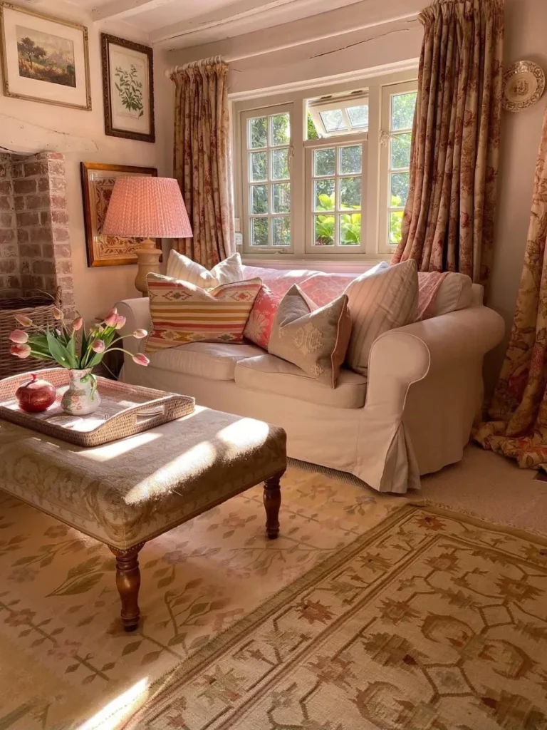 Cottage Living Room With Floral Curtains and Brick Fireplace