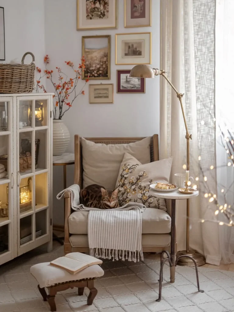 Cottage Reading Corner With Vintage Cabinet Charm