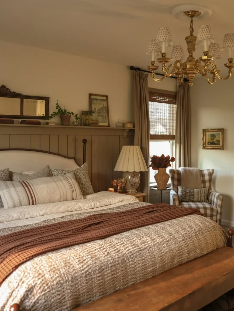 Cottage Style Bedroom With Warm Wood and Plaid Details