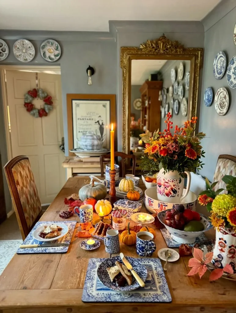 Cottage Style Fall Table Decor With Blue and White Dishes
