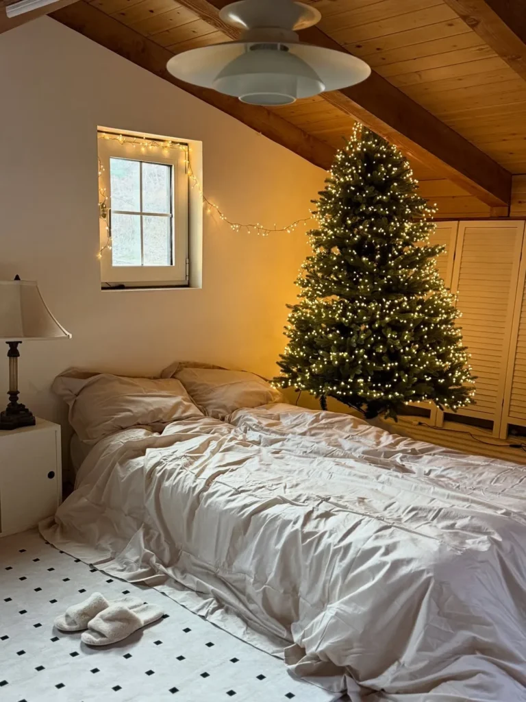 Cozy Attic Bedroom With Christmas Tree Glow