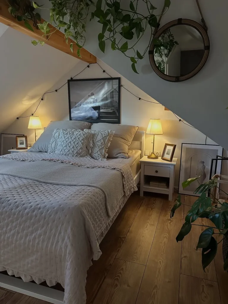 Cozy Attic Bedroom With Sloped Ceiling and Greenery