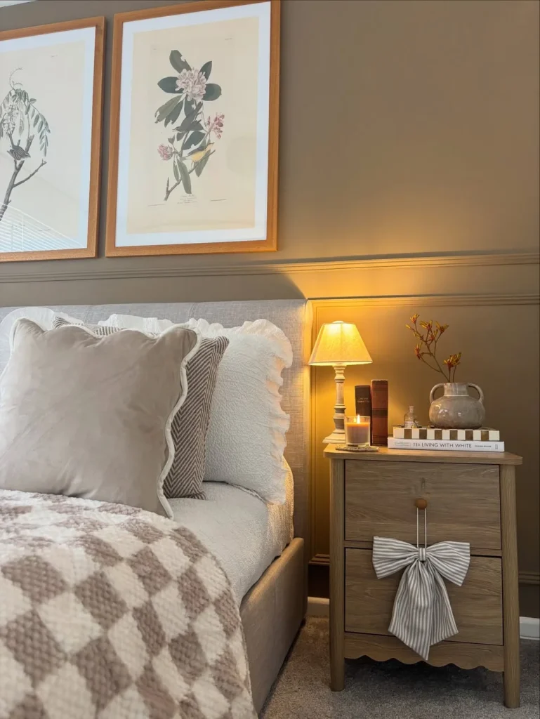 Cozy Bedroom Corner With Soft Textures and Wood Tones
