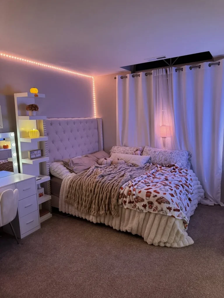 Cozy Bedroom With Soft LED Glow and Plush Layers