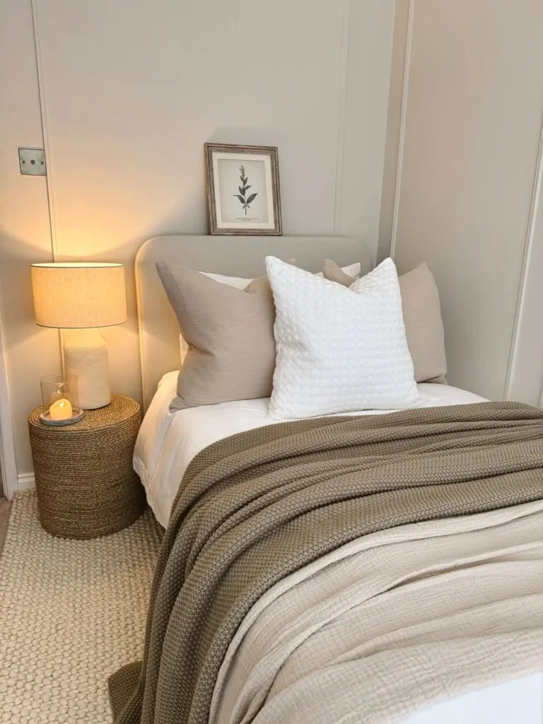 Cozy Beige Bedroom With Soft Layered Bedding