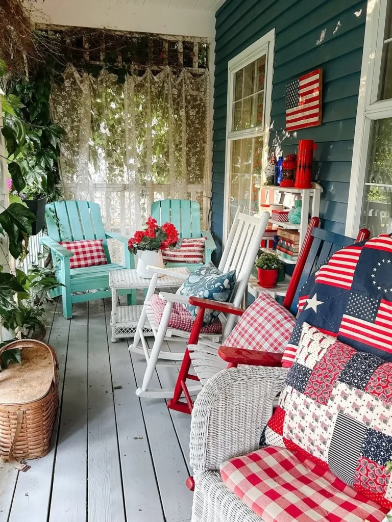 Cozy Cottage Porch With Red White and Blue Accents