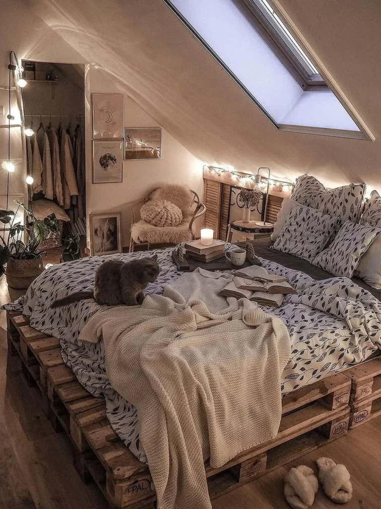 Cozy Loft Bedroom With Pallet Bed Frame