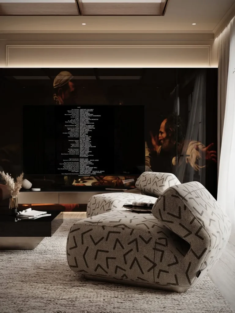Cozy Media Room With Sculptural Accent Chair