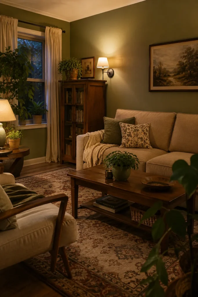 Cozy Olive Green Family Room With Vintage Charm
