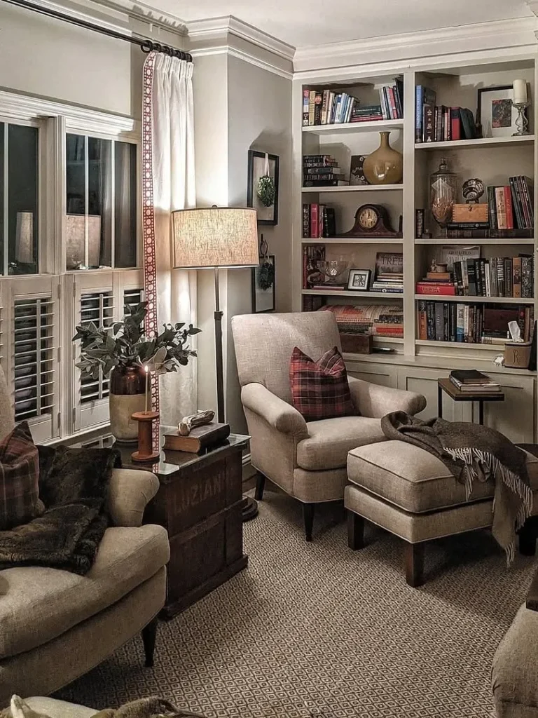 Cozy Reading Nook Family Room With Built-In Shelves
