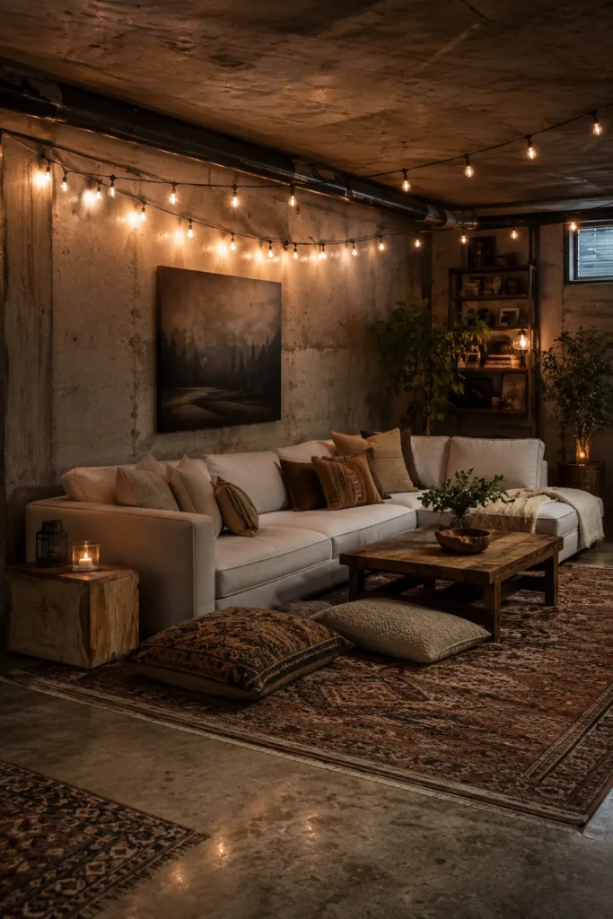 Cozy String Light Living Room for an Unfinished Basement