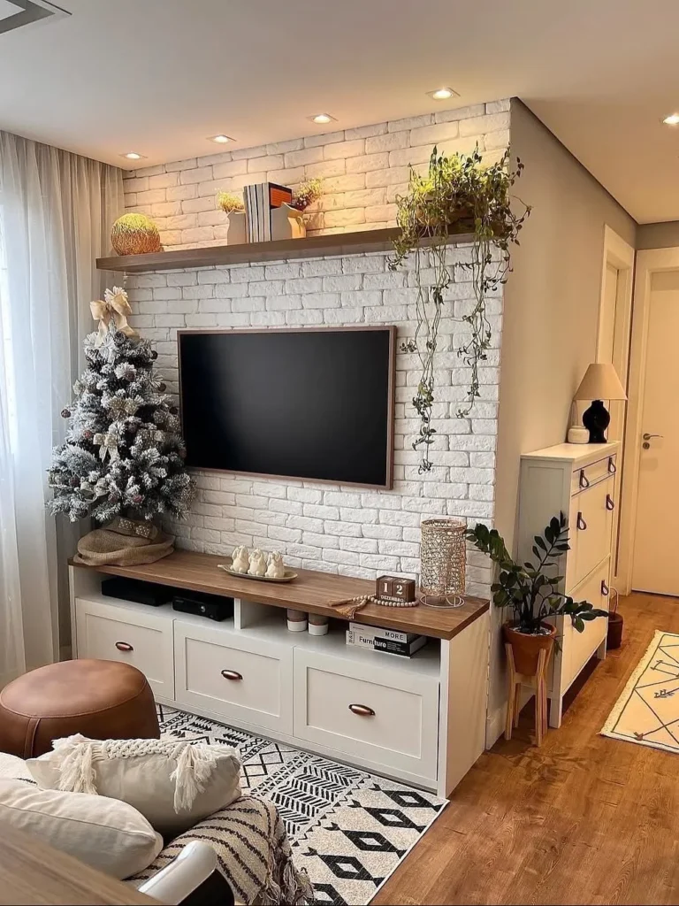 Cozy TV Wall With White Brick and Wood Accents