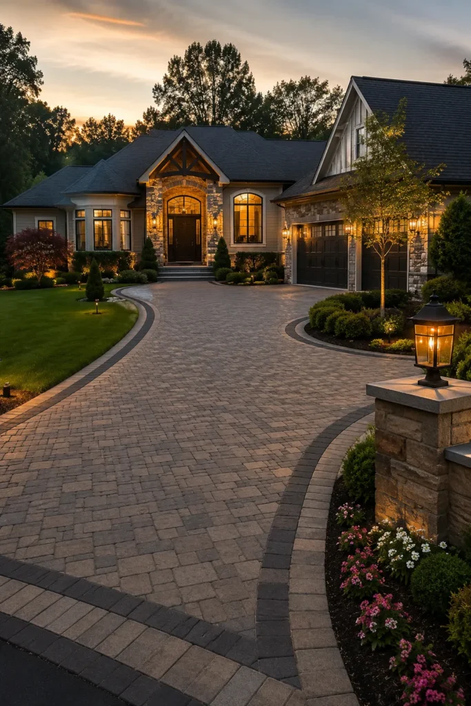 Curved Paver Driveway With Evening Landscape Lighting
