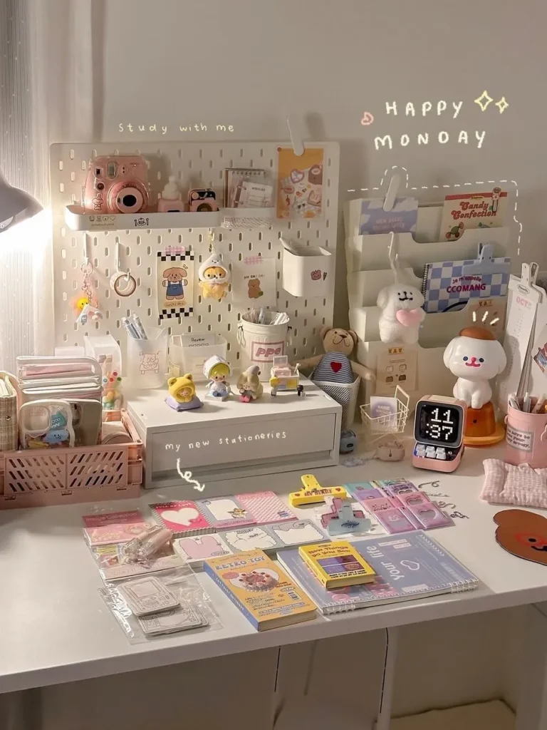 Cute Kawaii Study Desk With Pastel Supplies
