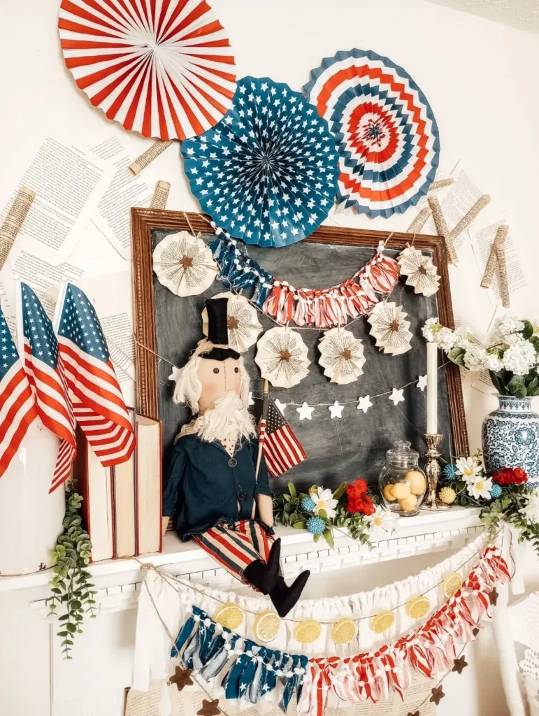 DIY 4th of July Mantel With Paper Fans and Banners