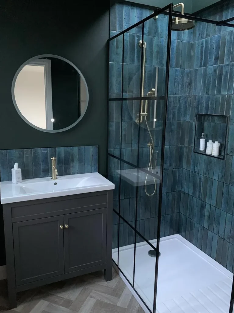 Dark Blue Bathroom With Black Framed Shower Screen