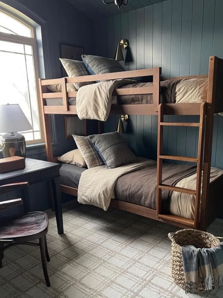 Dark Blue Bunk Room With Cozy Cabin Style