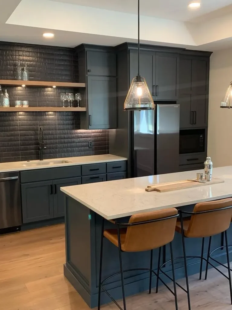 Dark Charcoal Basement Kitchen with Open Shelving