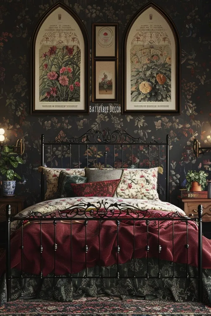 Dark Floral Bedroom With Burgundy Cottage Accents