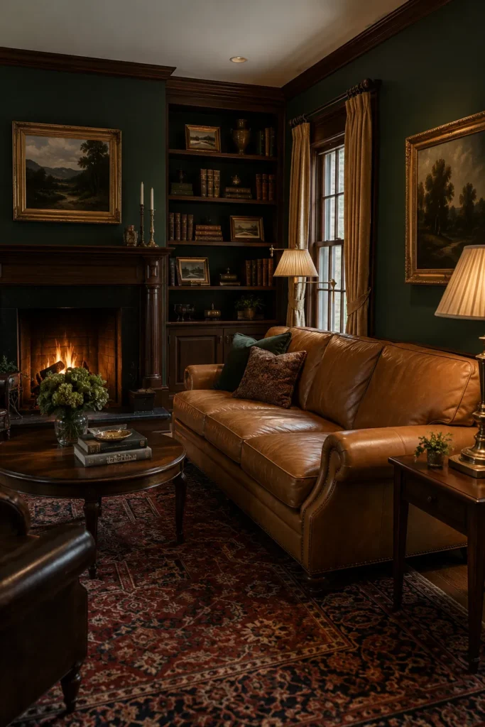 Dark Green Family Room With Leather Sofa Style