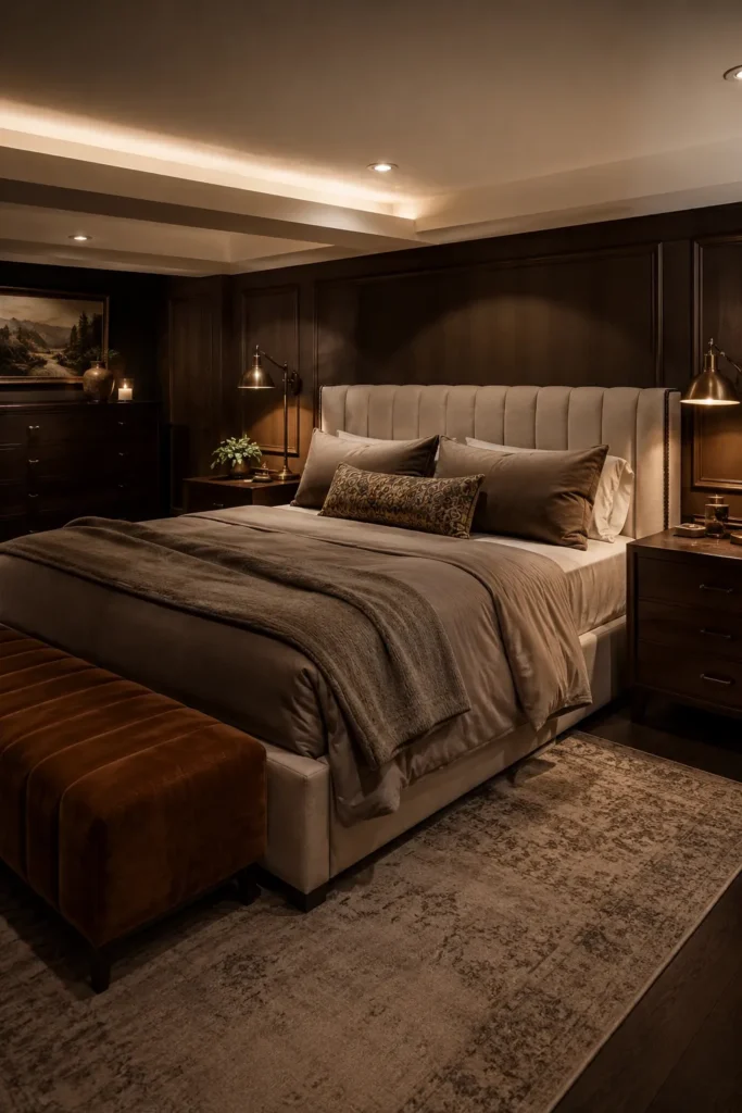 Dark Wood Basement Bedroom With Boutique Hotel Style