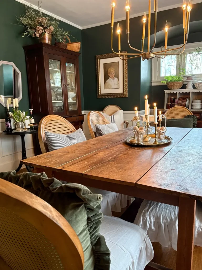 Deep Green Dining Room With Cane Back Seating