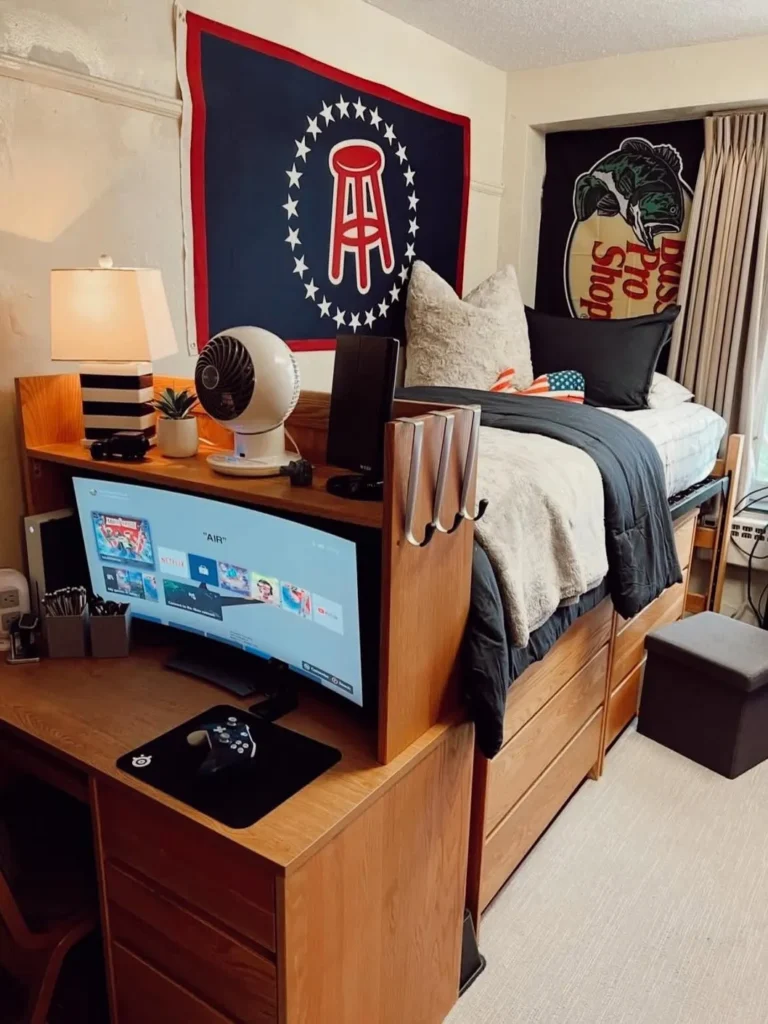 Dorm Room Setup With Built-In Desk Storage