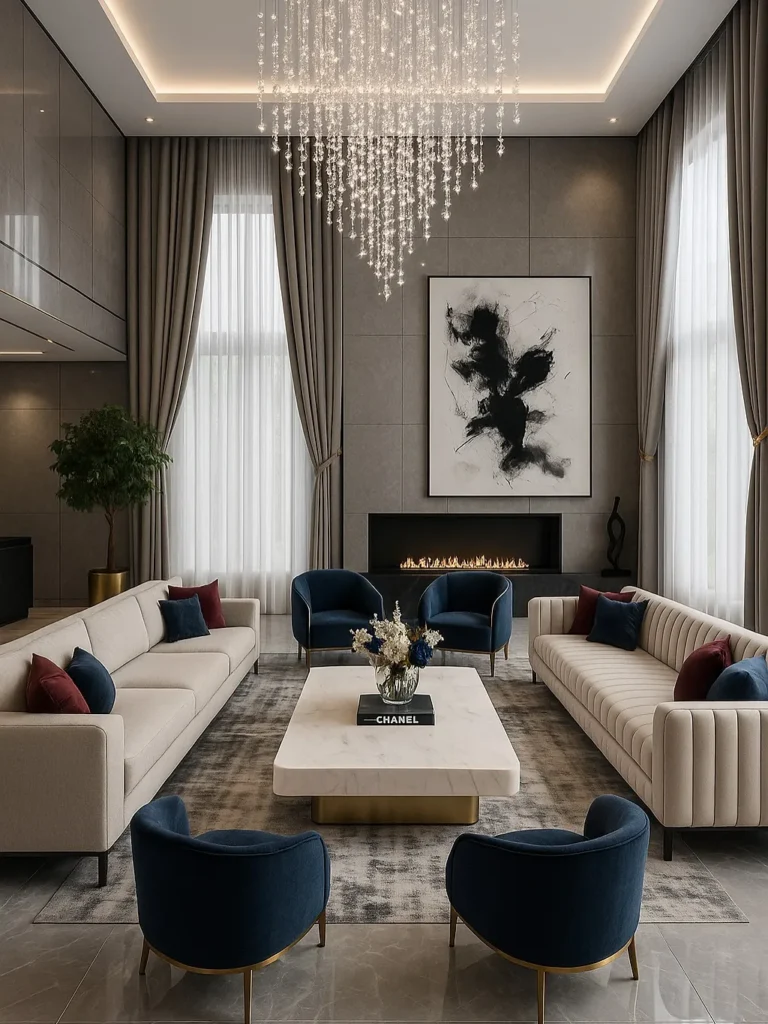 Double Height Living Room With Waterfall Chandelier