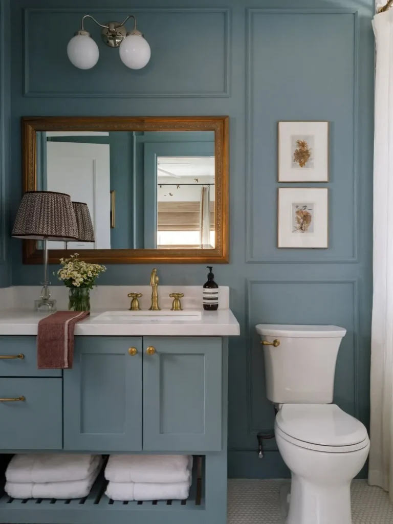 Dusty Blue Bathroom With Classic Wall Paneling