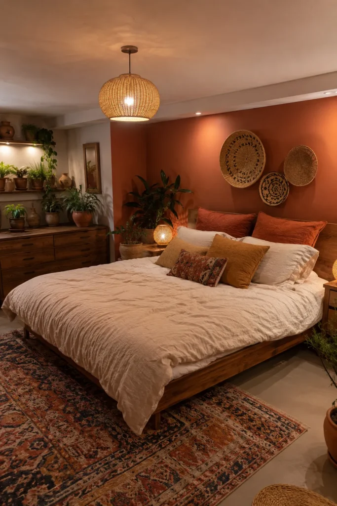 Earthy Boho Basement Bedroom With Warm Terracotta Walls