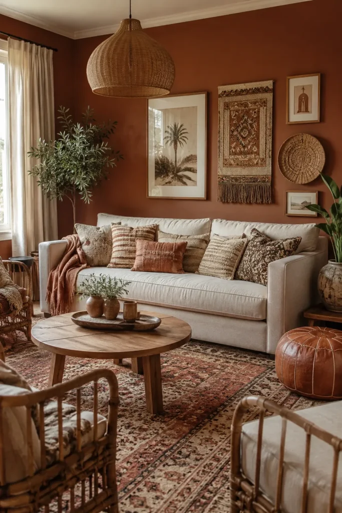 Earthy Family Room With Terracotta Walls and Woven Decor