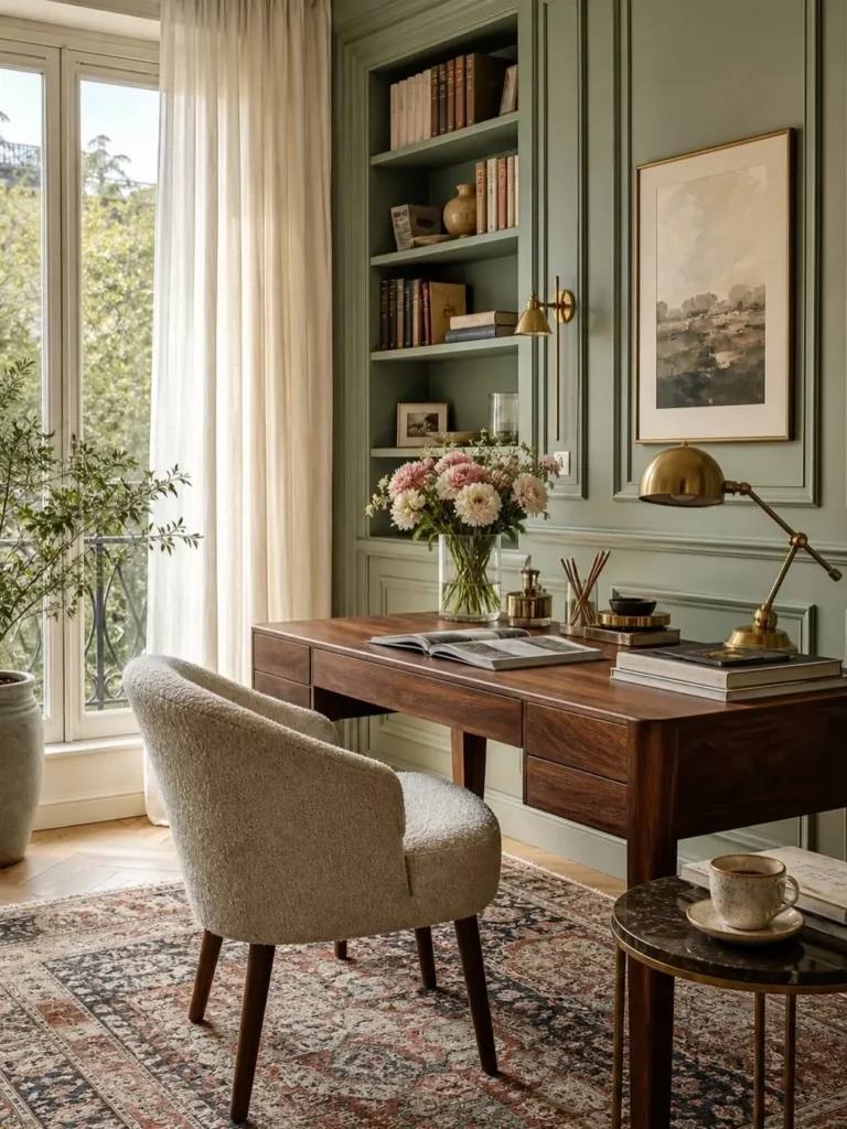 Elegant Green Study With Traditional Wall Paneling