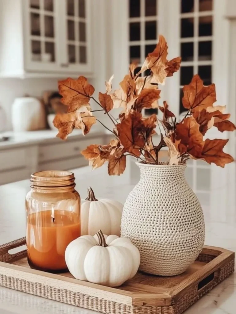 Fall Tray Styling With White Pumpkins and Dried Leaves
