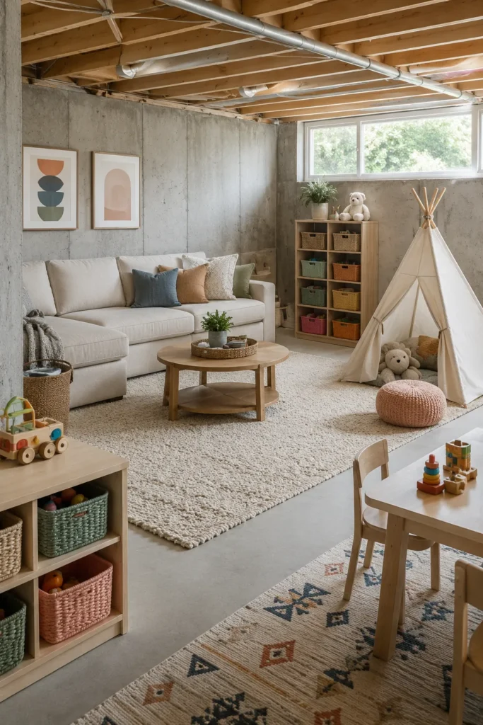 Family-Friendly Unfinished Basement Playroom Ideas