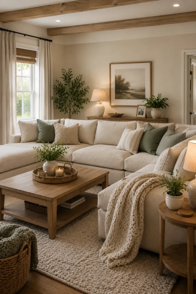 Family Room With Exposed Beams and Layered Textures