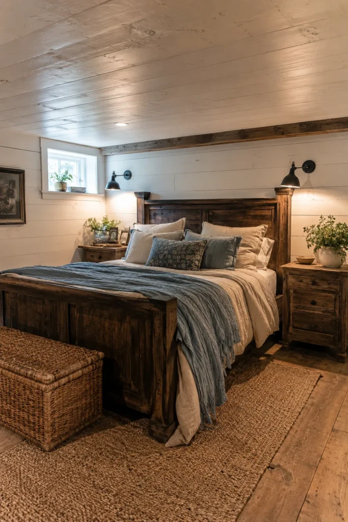 Farmhouse Basement Bedroom With Reclaimed Wood Charm