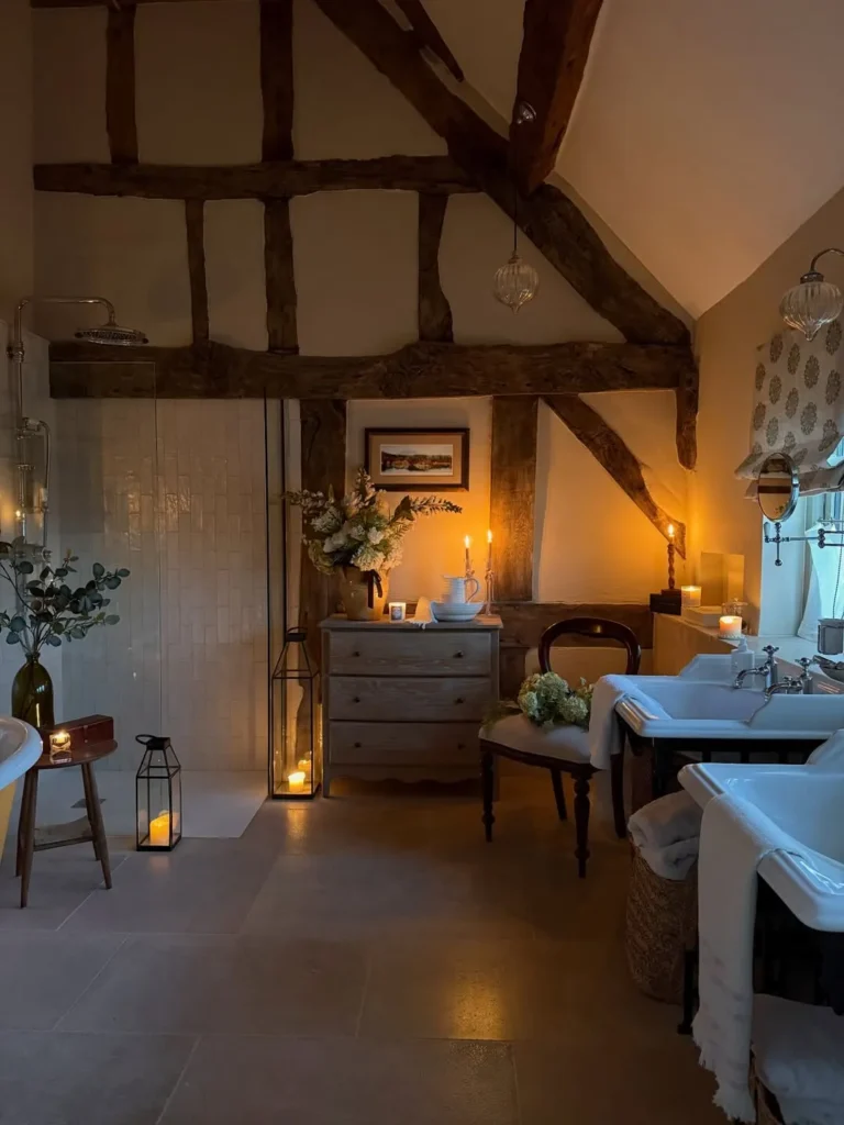 Farmhouse Bathroom With Exposed Timber Beams