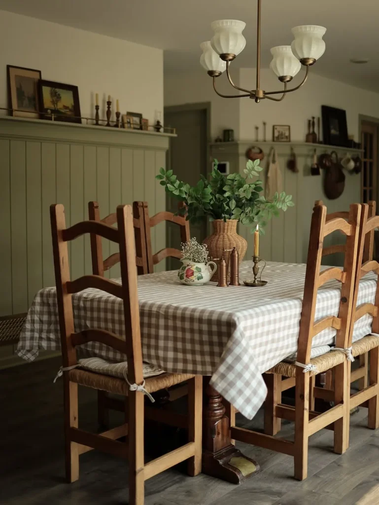 Farmhouse Dining Room With Gingham Table Linens