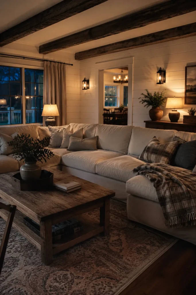 Farmhouse Family Room With Exposed Wood Beams