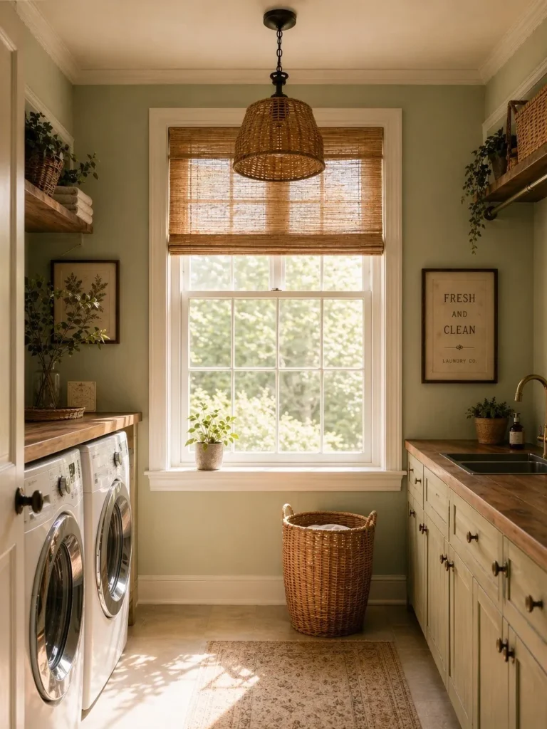 Farmhouse Laundry Room With Green Walls and Wood Shelves