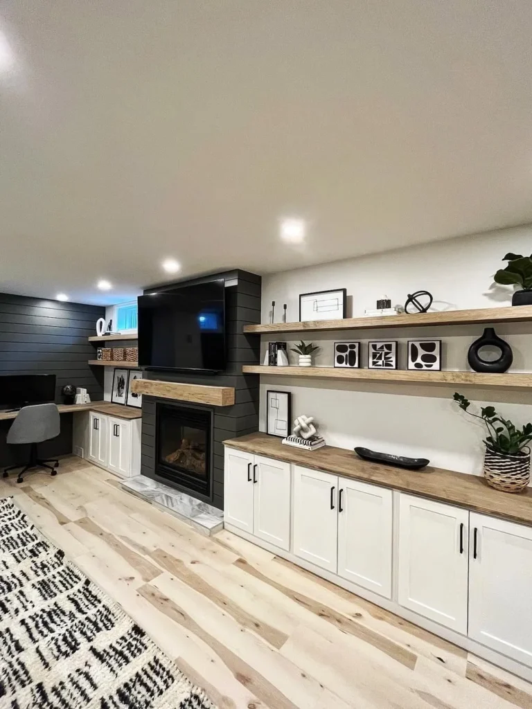 Finished Basement Media Wall With Built-In Storage