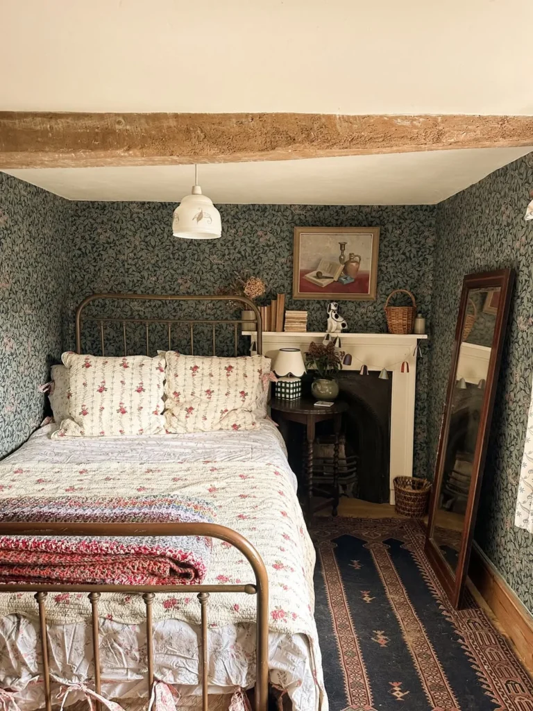 Floral Wallpaper Bedroom With Antique Iron Bed