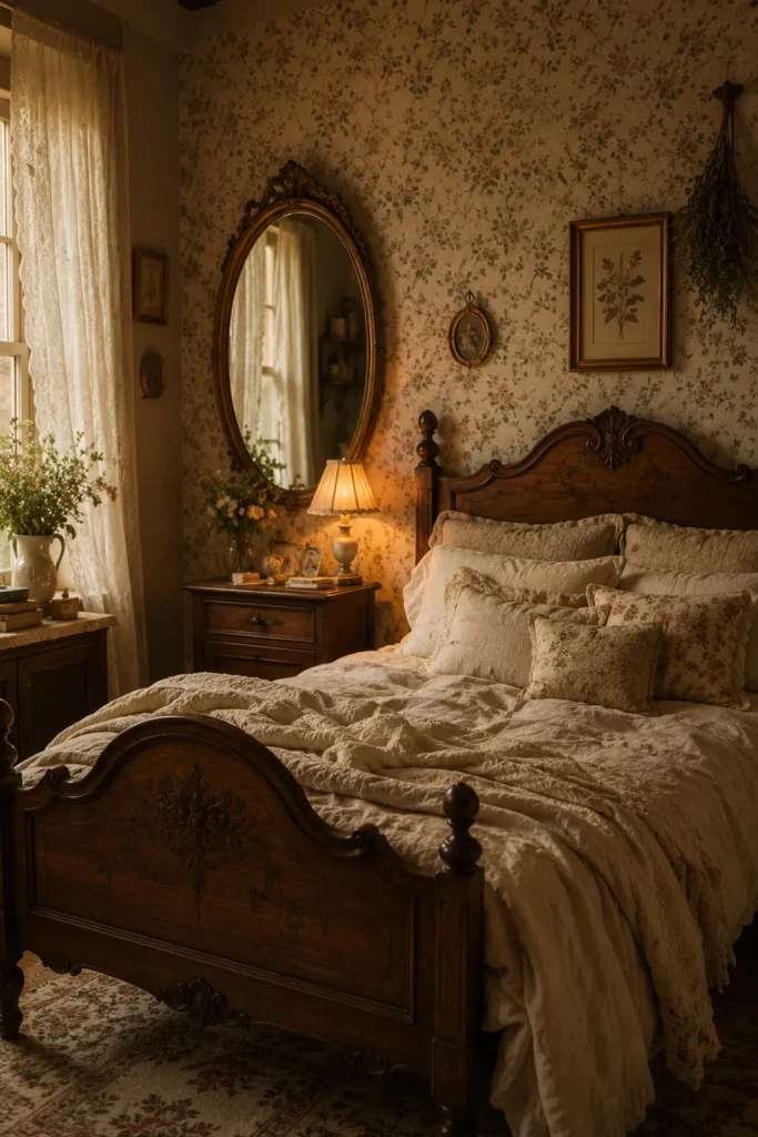 Floral Wallpaper Bedroom With Antique Wood Accents