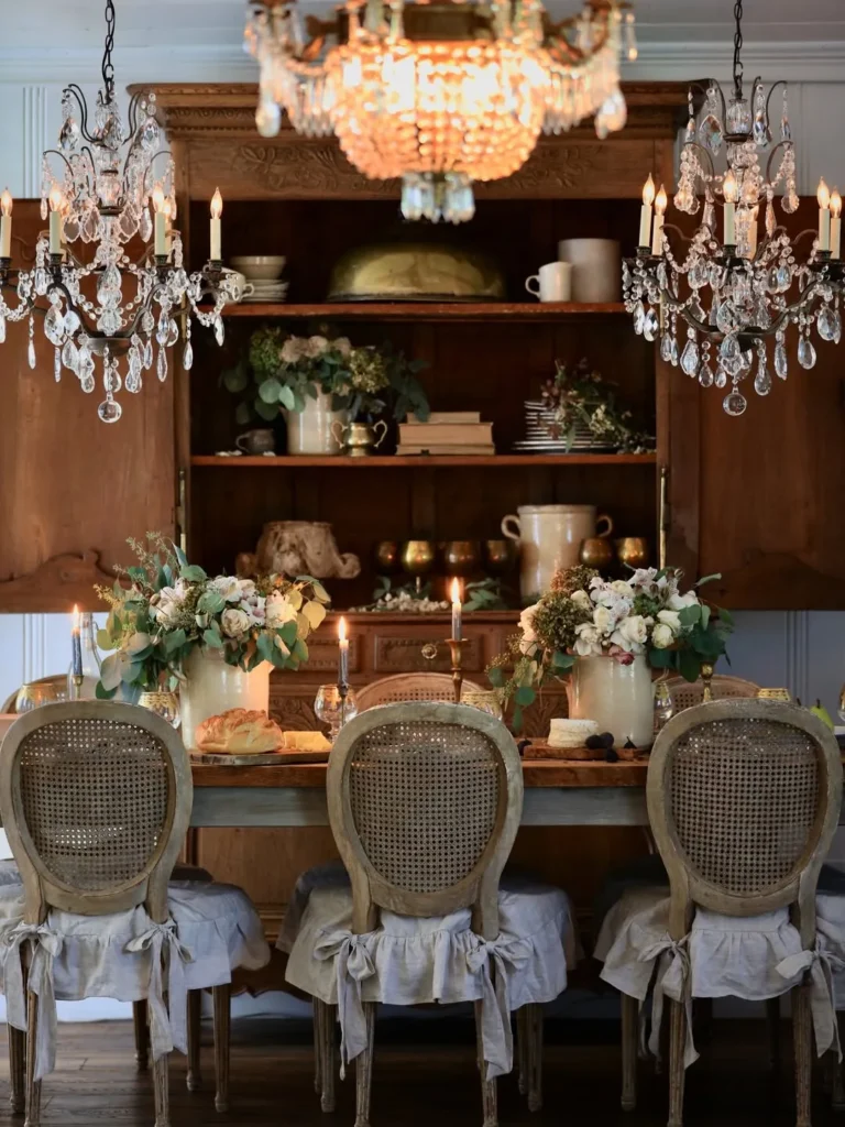 French Country Dining Room With Crystal Chandeliers
