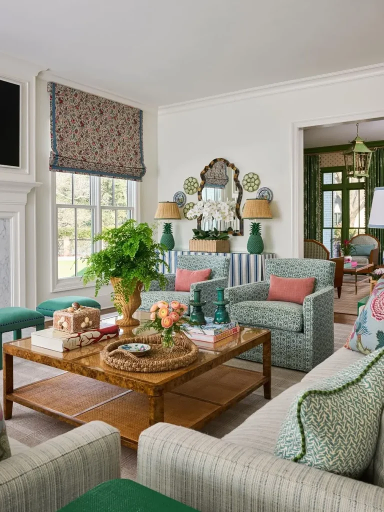 Fresh Green and Blue Family Room With Garden-Inspired Prints