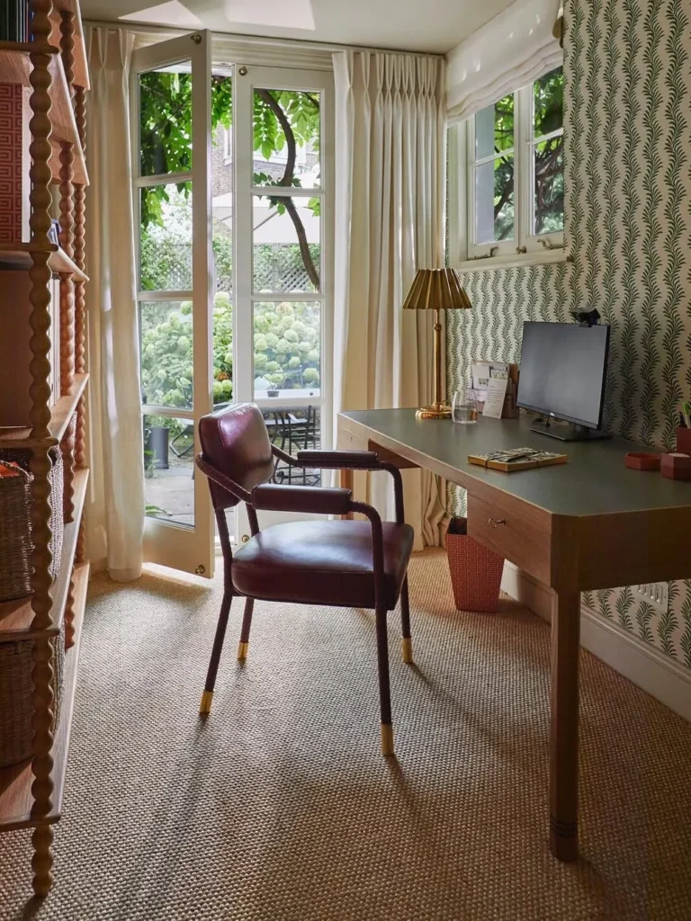 Garden View Home Office With Classic Wallpaper